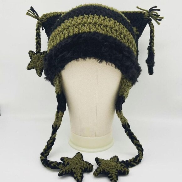 Women’s Knit Beanie with Cat Ears Stars Pattern Cozy Winter Hat Black Green main image 5
